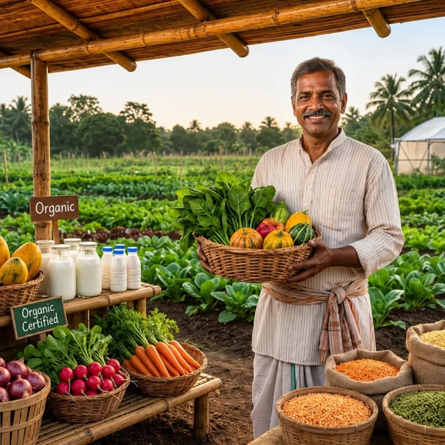 Organic farm products in India with residue-free vegetables, fresh fruits, grains, and an Indian farmer holding organic produce in a sustainable farm setting.