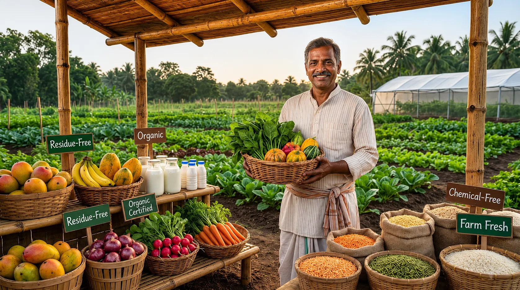 Organic farm products in India with residue-free vegetables, fresh fruits, grains, and an Indian farmer holding organic produce in a sustainable farm setting.
