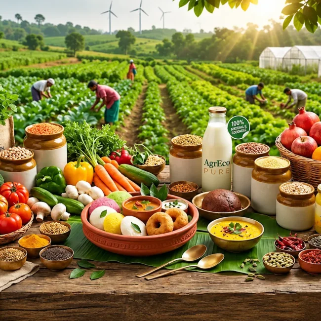 Residue-free & organic food products displayed on a rustic table with fresh vegetables, fruits, grains, dairy items, and sustainable farming fields in the background.