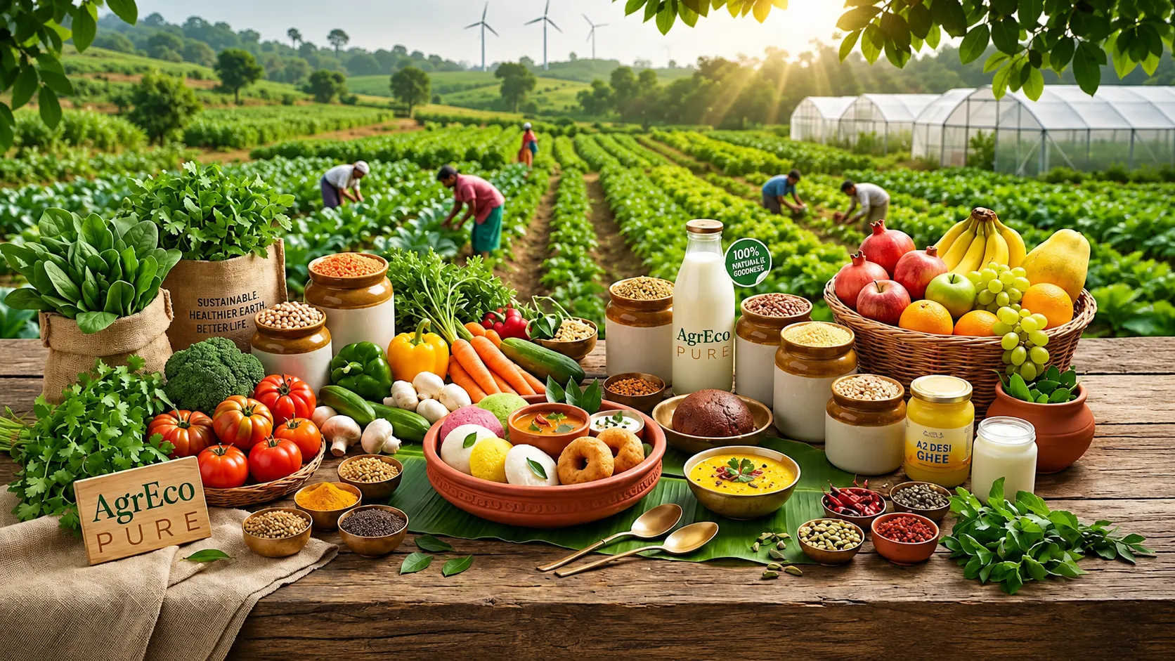 Residue-free & organic food products displayed on a rustic table with fresh vegetables, fruits, grains, dairy items, and sustainable farming fields in the background.