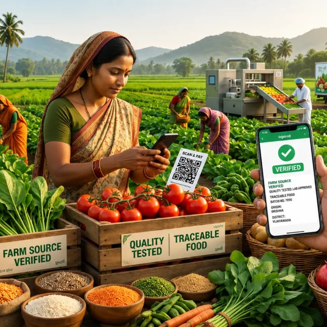Farm-to-fork traceability in the food industry showing Indian farmers, fresh vegetables, QR code verification, traceable food products, and transparent food sourcing systems.