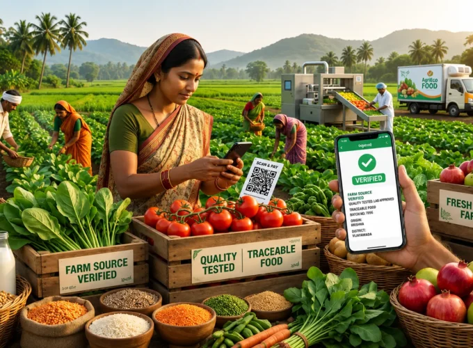 Farm-to-fork traceability in the food industry showing Indian farmers, fresh vegetables, QR code verification, traceable food products, and transparent food sourcing systems.