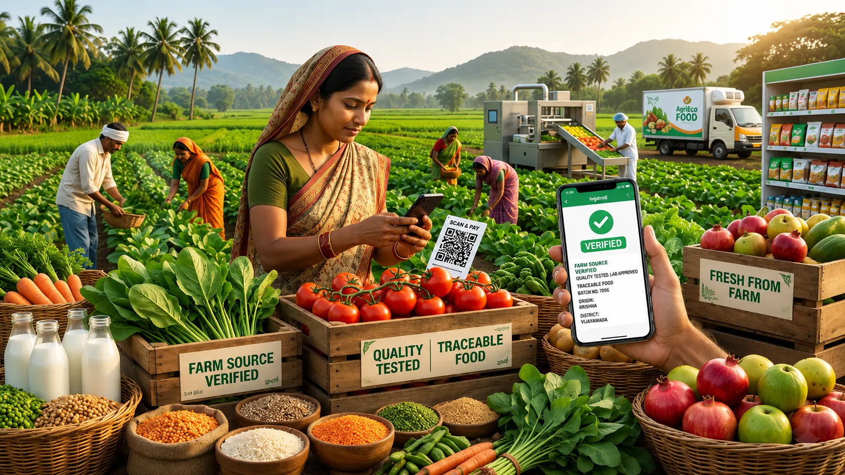Farm-to-fork traceability in the food industry showing Indian farmers, fresh vegetables, QR code verification, traceable food products, and transparent food sourcing systems.