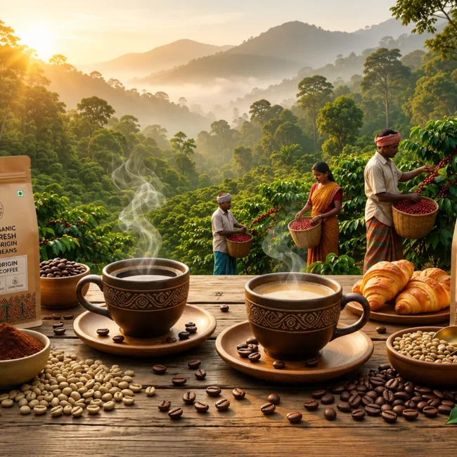 Best organic coffee in India featuring freshly brewed coffee cups, roasted coffee beans, organic coffee packaging, and Indian coffee farmers harvesting beans in lush plantation hills.
