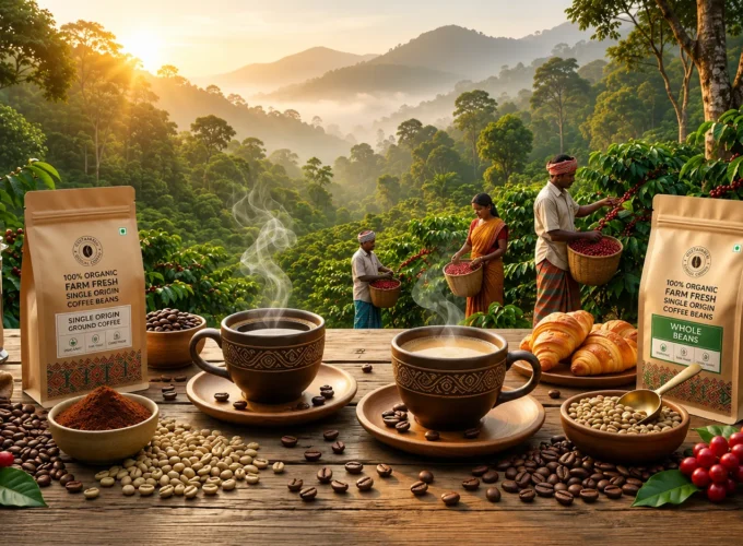 Best organic coffee in India featuring freshly brewed coffee cups, roasted coffee beans, organic coffee packaging, and Indian coffee farmers harvesting beans in lush plantation hills.