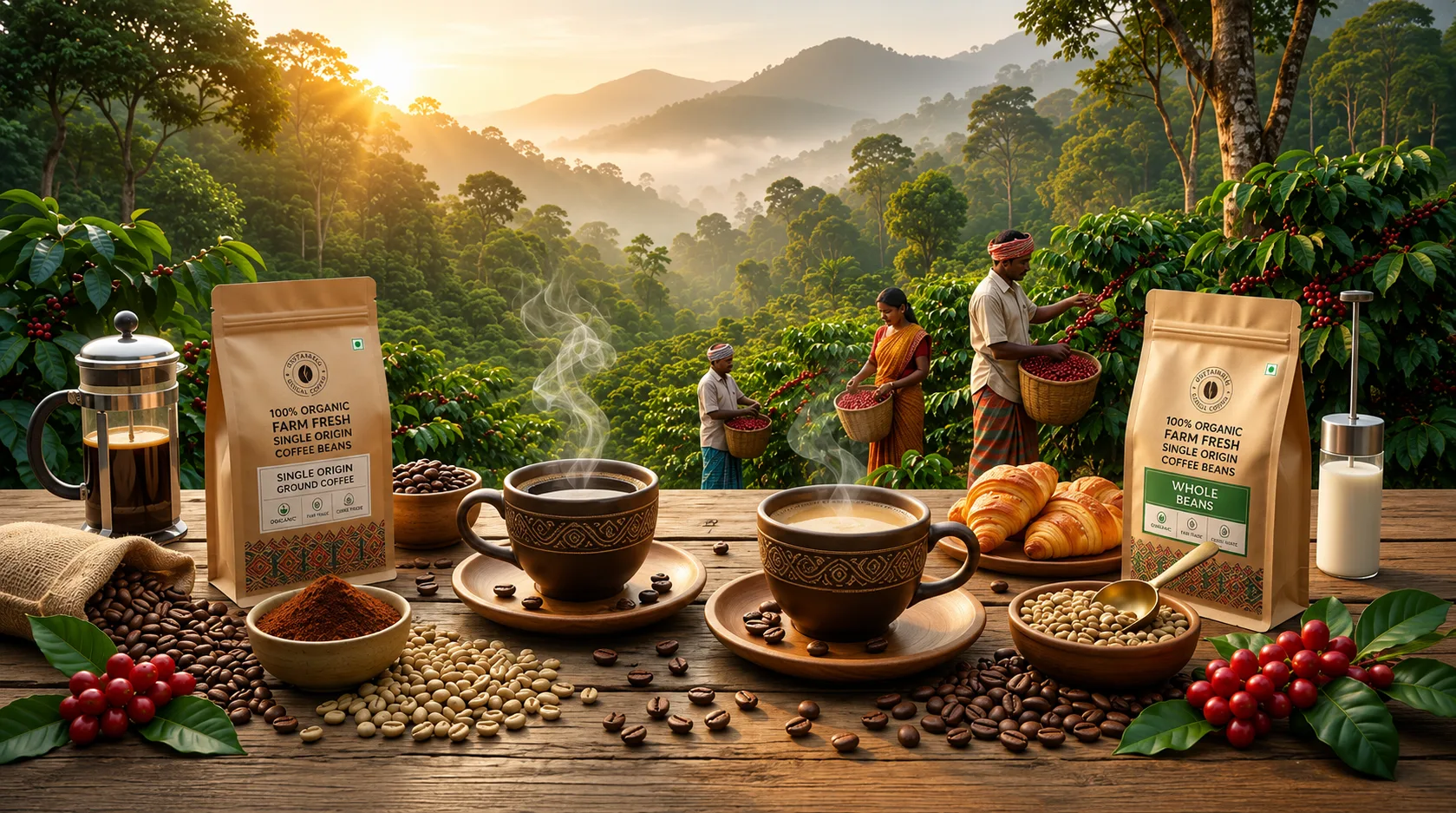 Best organic coffee in India featuring freshly brewed coffee cups, roasted coffee beans, organic coffee packaging, and Indian coffee farmers harvesting beans in lush plantation hills.