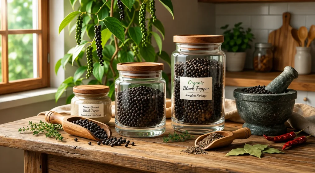 Store organic black pepper in airtight glass jars to maintain freshness, aroma, and long-lasting flavor in a clean natural kitchen setting.