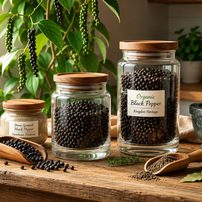 Store organic black pepper in airtight glass jars to maintain freshness, aroma, and long-lasting flavor in a clean natural kitchen setting.