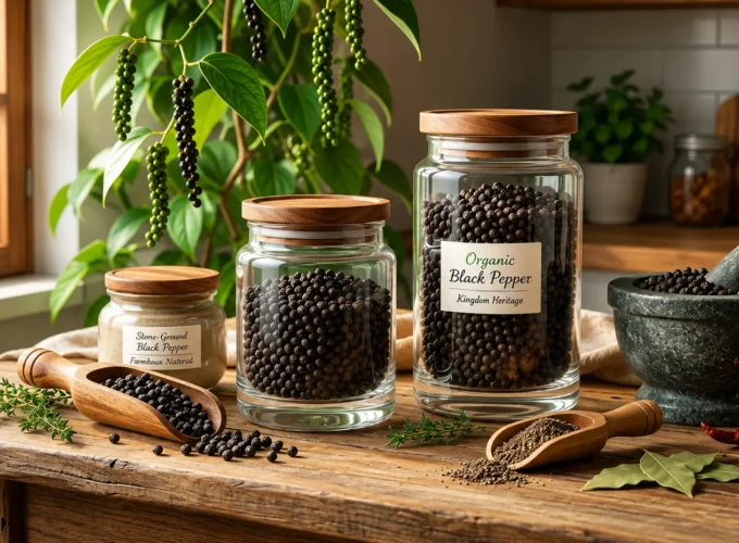Store organic black pepper in airtight glass jars to maintain freshness, aroma, and long-lasting flavor in a clean natural kitchen setting.