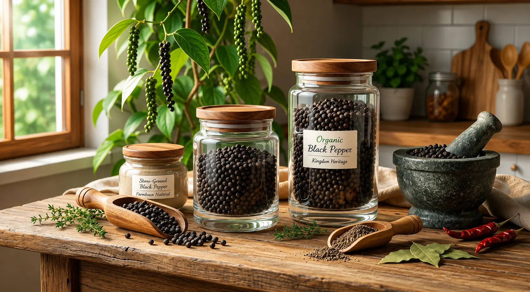 Store organic black pepper in airtight glass jars to maintain freshness, aroma, and long-lasting flavor in a clean natural kitchen setting.