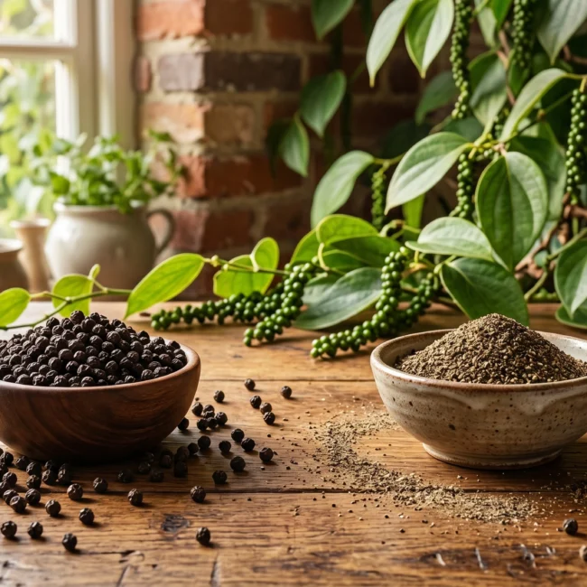 Whole black peppercorns and finely ground black pepper displayed in wooden bowls with fresh pepper vines on a rustic wooden table.