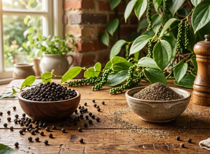 Whole black peppercorns and finely ground black pepper displayed in wooden bowls with fresh pepper vines on a rustic wooden table.
