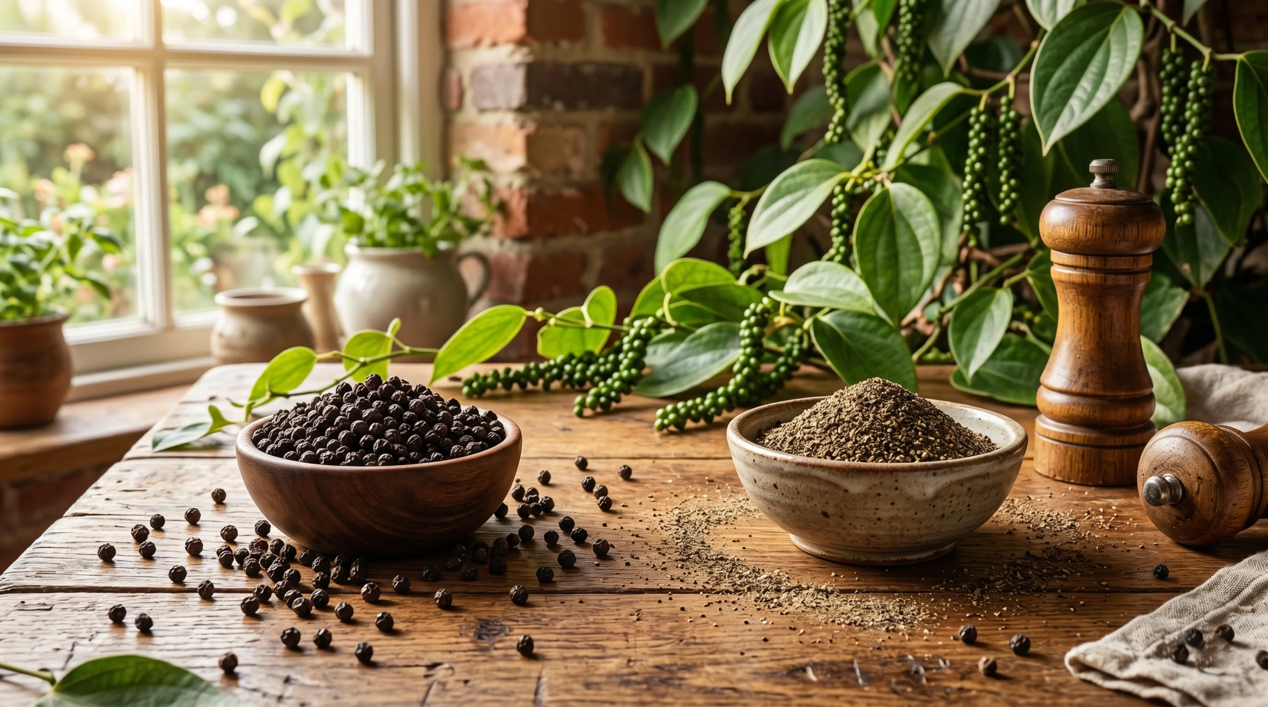 Whole black peppercorns and finely ground black pepper displayed in wooden bowls with fresh pepper vines on a rustic wooden table.