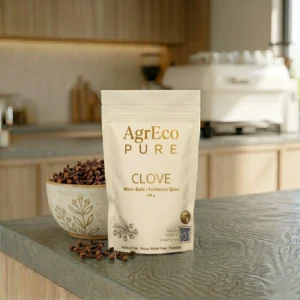 Organic Whole Cloves packaged by AgrEco Pure displayed on a kitchen counter with premium quality cloves