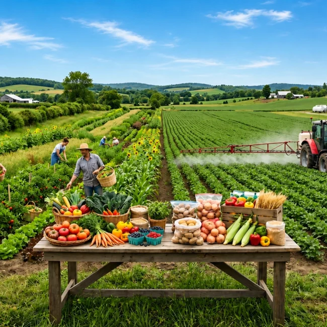 Farmers harvesting fresh residue-free organic foods in a sustainable agricultural field with vegetables, crops, and modern farming equipment.