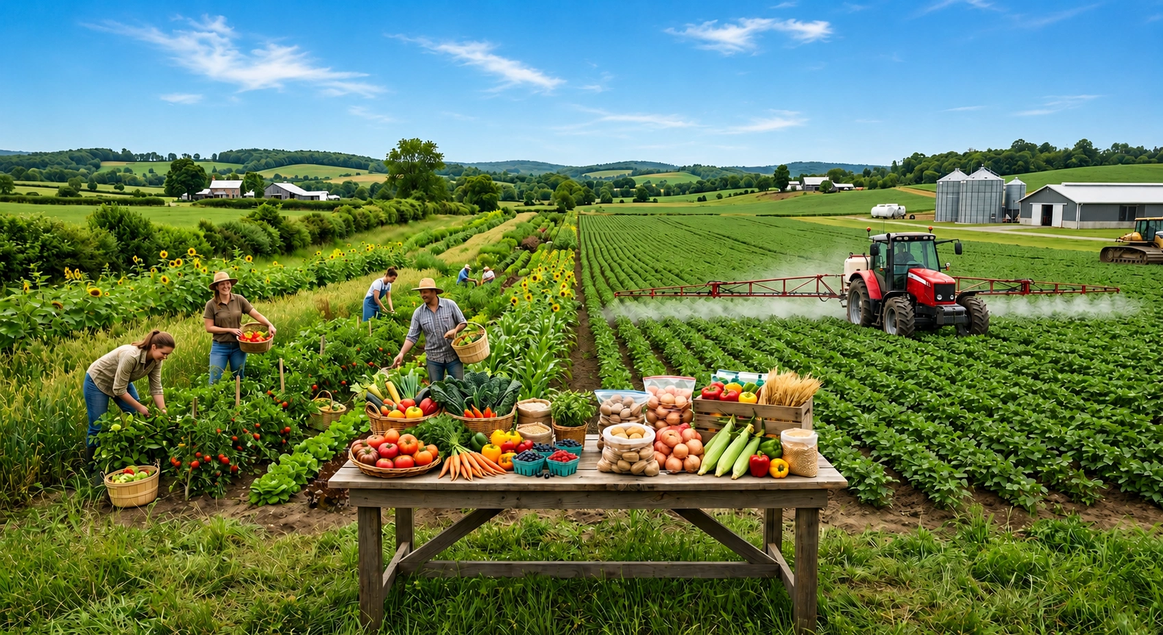 Farmers harvesting fresh residue-free organic foods in a sustainable agricultural field with vegetables, crops, and modern farming equipment.