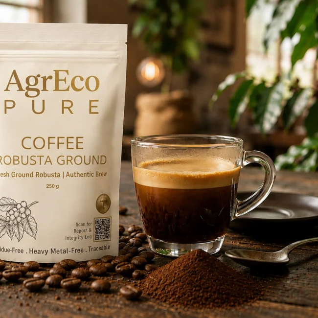 Premium Robusta Coffee ground coffee package with a freshly brewed espresso cup, coffee beans, and coffee plant in the background.