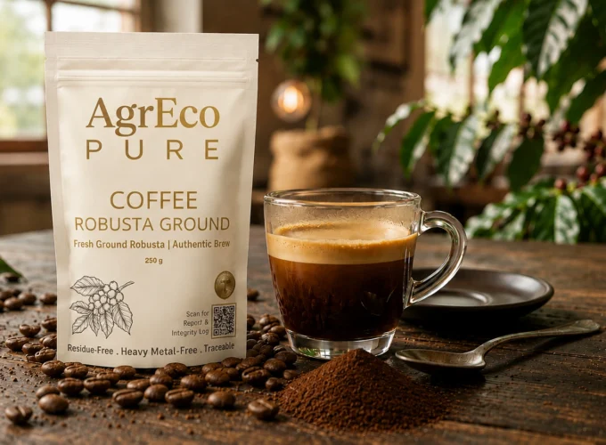 Premium Robusta Coffee ground coffee package with a freshly brewed espresso cup, coffee beans, and coffee plant in the background.