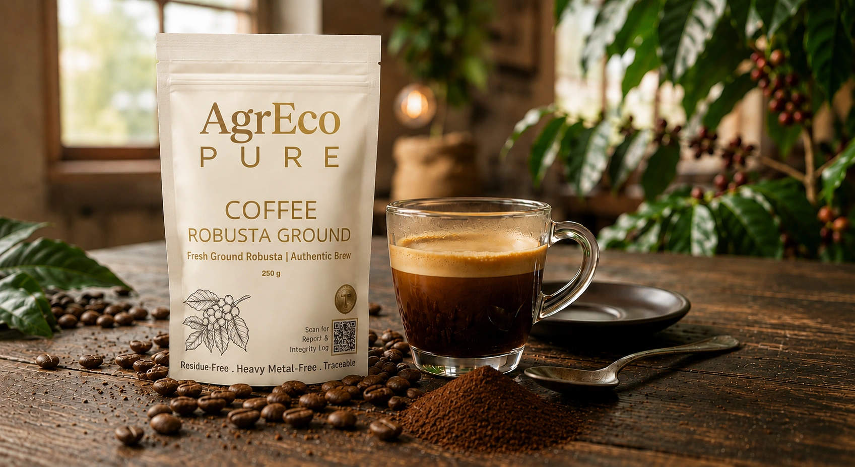 Premium Robusta Coffee ground coffee package with a freshly brewed espresso cup, coffee beans, and coffee plant in the background.