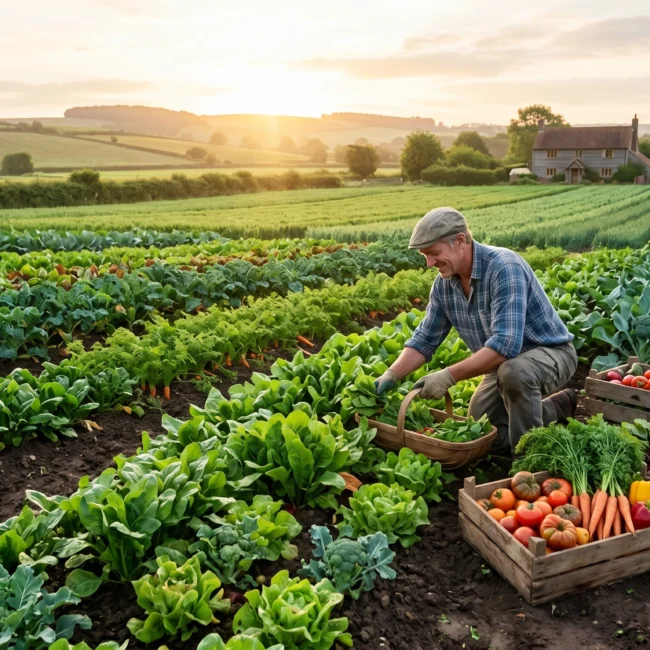 Farmer harvesting fresh organic food from a sustainable farm with healthy vegetables and crops growing in fertile fields at sunrise.