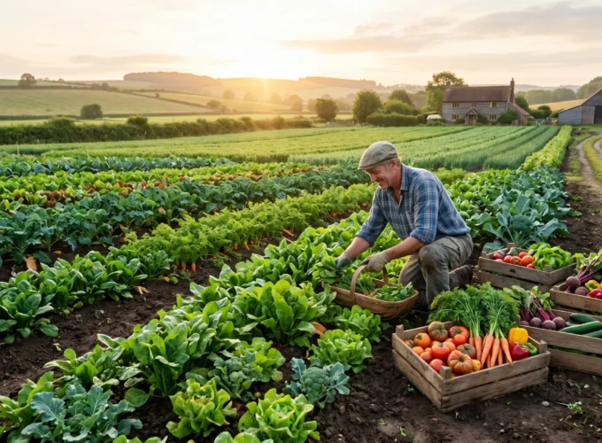 Farmer harvesting fresh organic food from a sustainable farm with healthy vegetables and crops growing in fertile fields at sunrise.