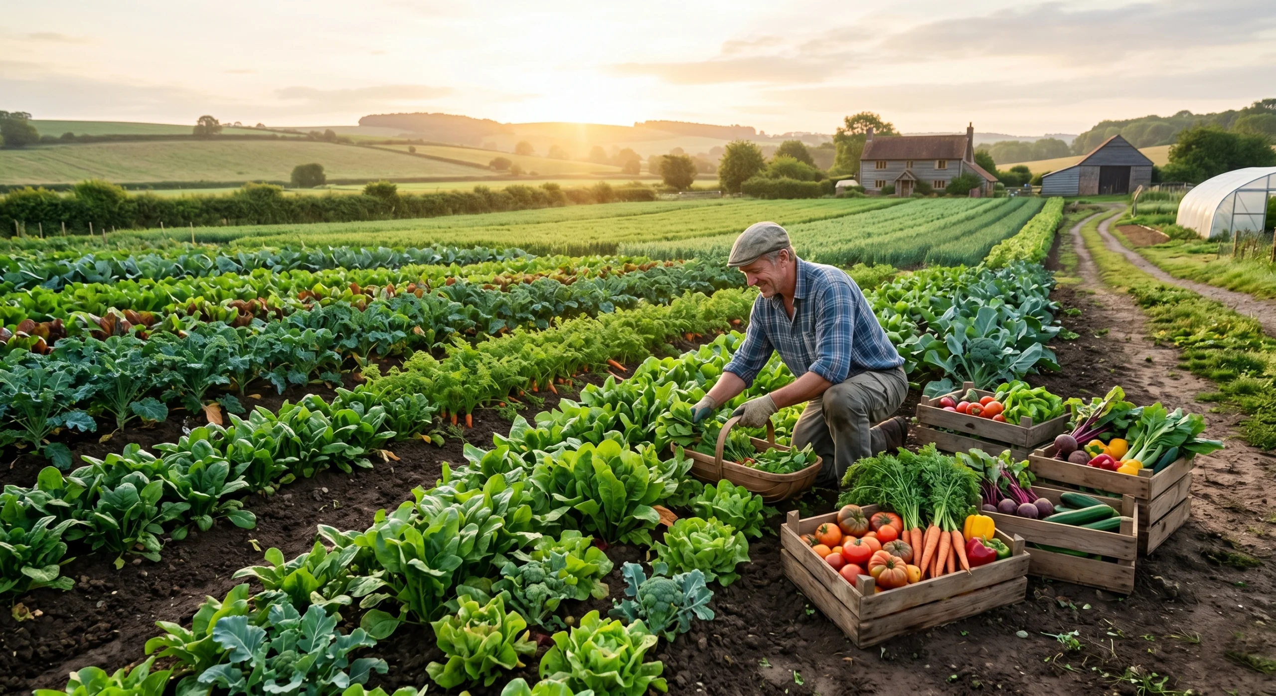 Farmer harvesting fresh organic food from a sustainable farm with healthy vegetables and crops growing in fertile fields at sunrise.