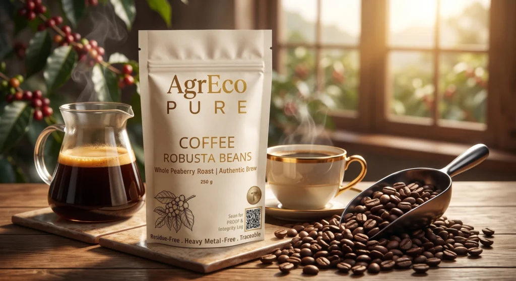 Best Robusta Coffee by AgrEco Pure made from premium Robusta beans with freshly brewed coffee and whole coffee beans