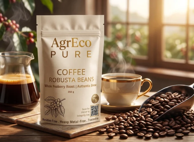 Best Robusta Coffee by AgrEco Pure made from premium Robusta beans with freshly brewed coffee and whole coffee beans