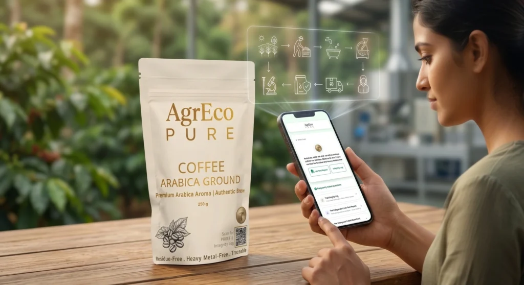 Digital Traceability with QR code scanning for verified organic coffee product