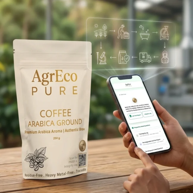 Digital Traceability with QR code scanning for verified organic coffee product