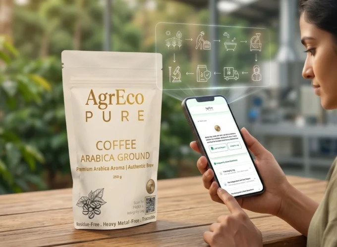 Digital Traceability with QR code scanning for verified organic coffee product