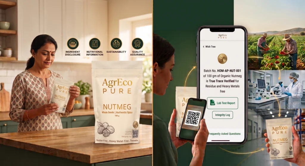 Food Traceability system showing QR code scanning and verified spice product information