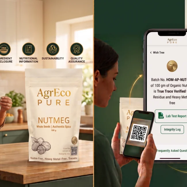 Food Traceability system showing QR code scanning and verified spice product information