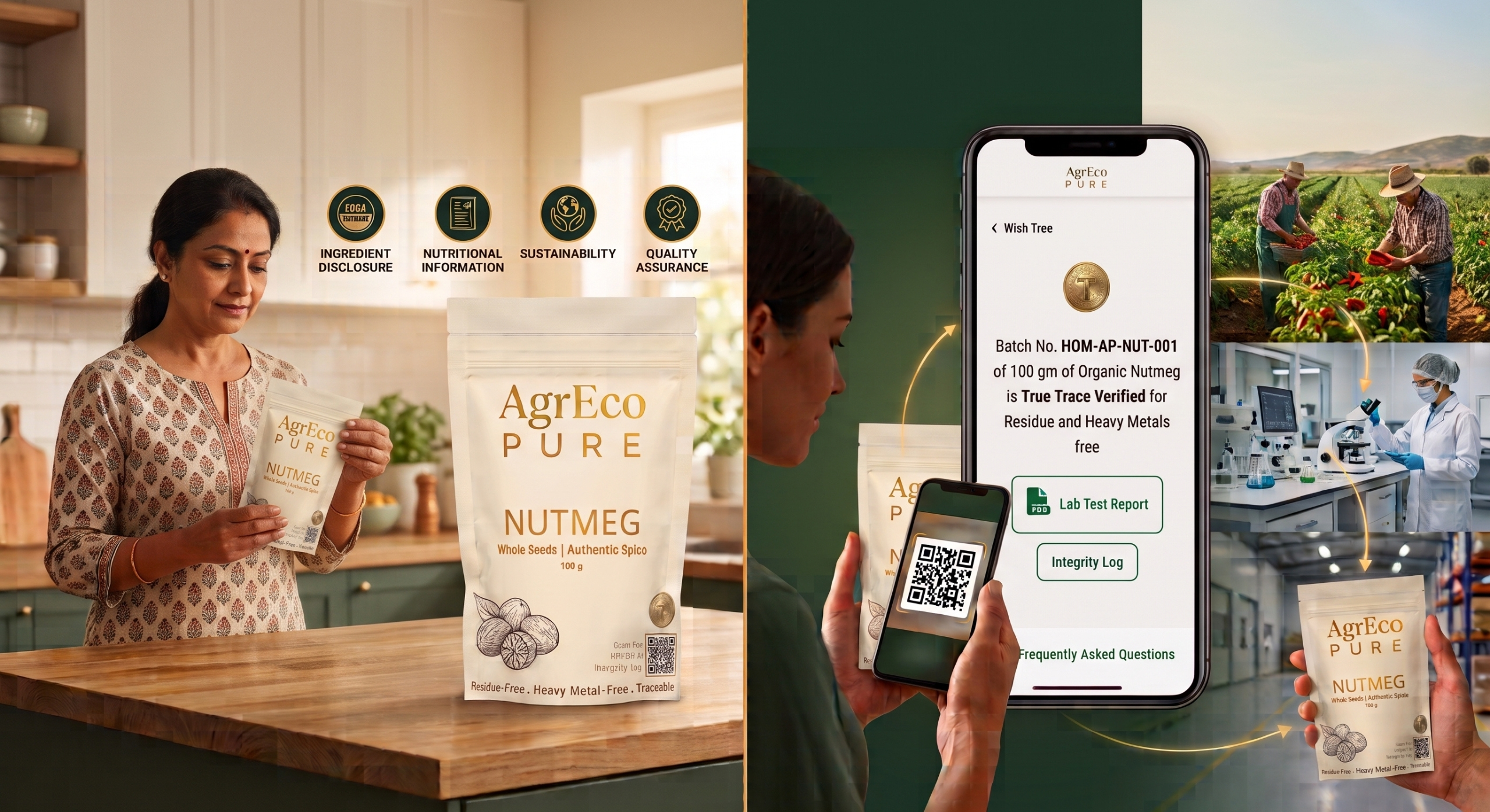 Food Traceability system showing QR code scanning and verified spice product information