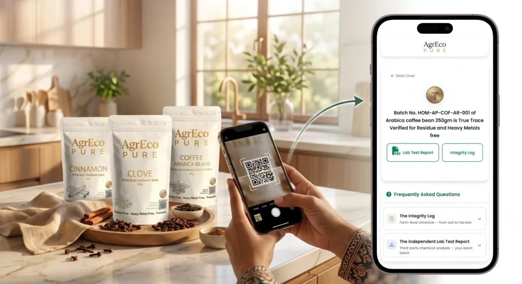 Food Safety QR code scan verifying organic spice and coffee product authenticity
