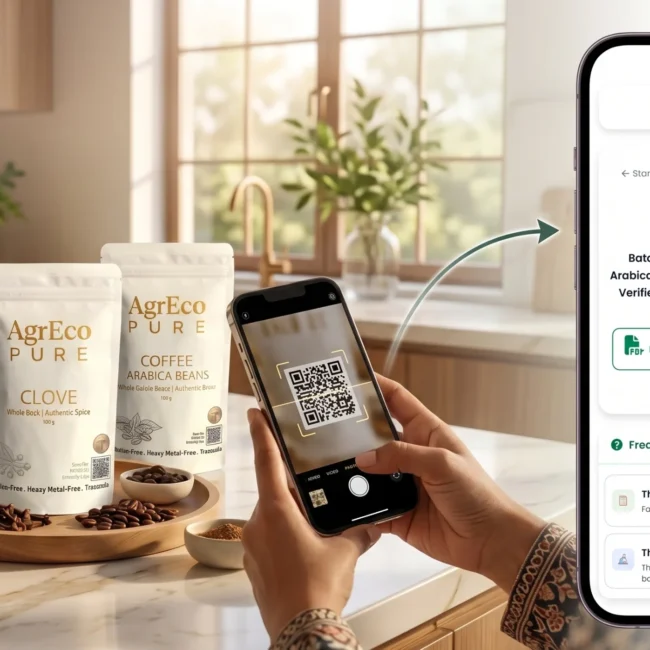 Food Safety QR code scan verifying organic spice and coffee product authenticity