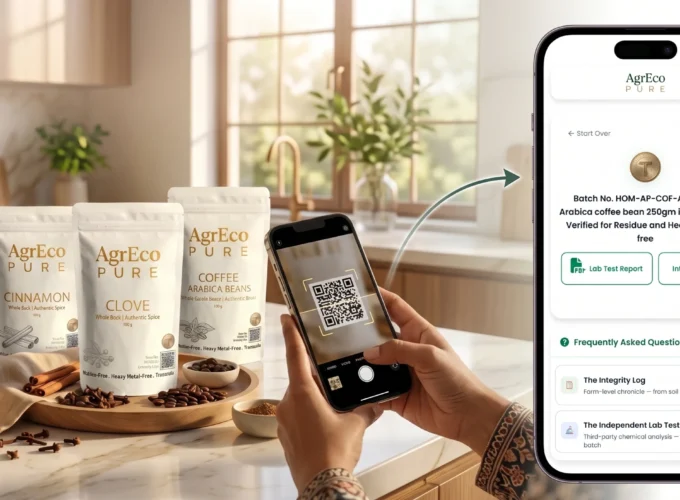 Food Safety QR code scan verifying organic spice and coffee product authenticity