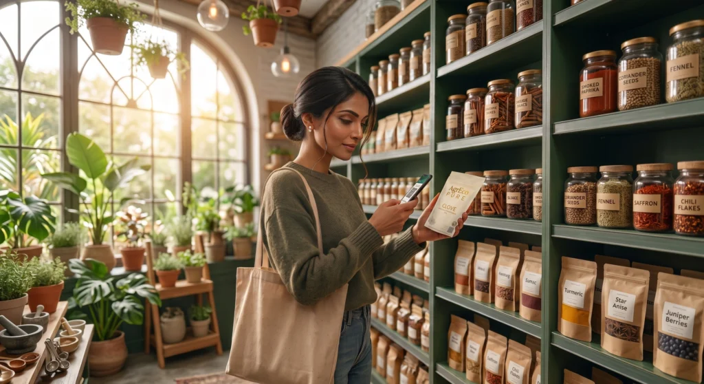 Food Comes traceable spice product being scanned by a customer in a premium organic grocery store