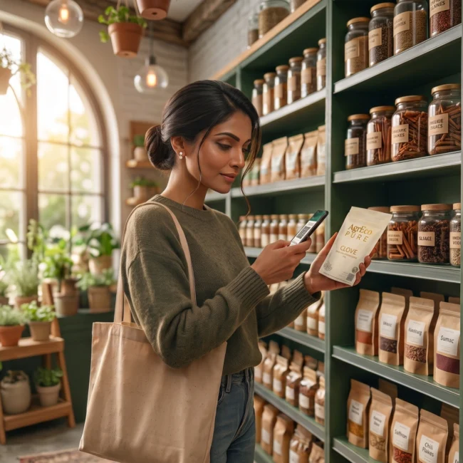 Food Comes traceable spice product being scanned by a customer in a premium organic grocery store