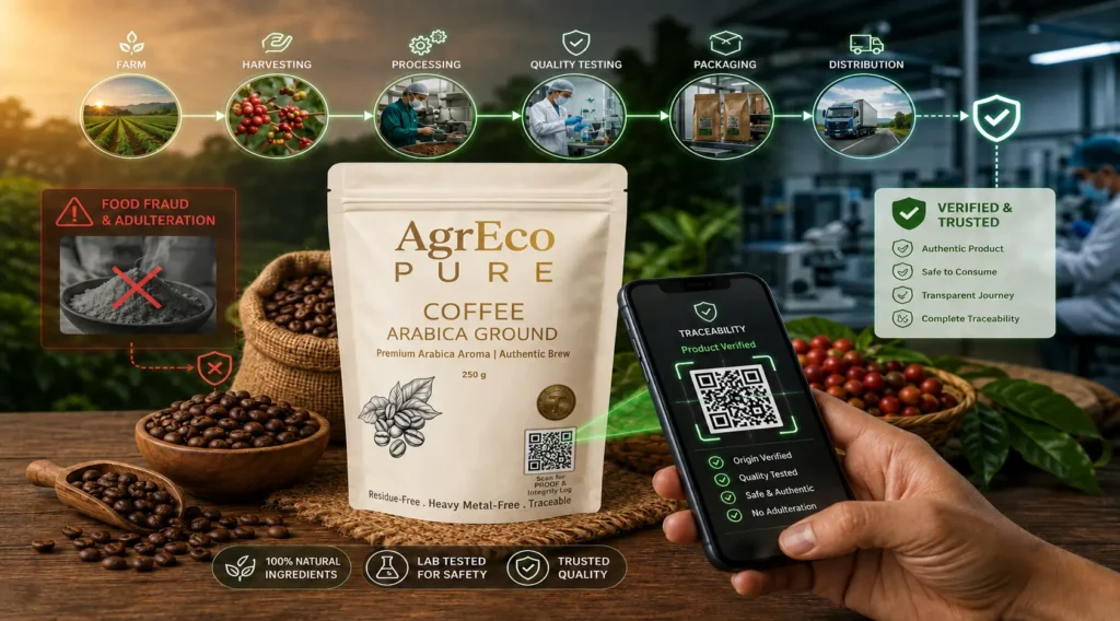 QR-Code enabled coffee traceability system showing AgrEco PUaRE Arabica Ground Coffee with product verification through a smartphone scan.