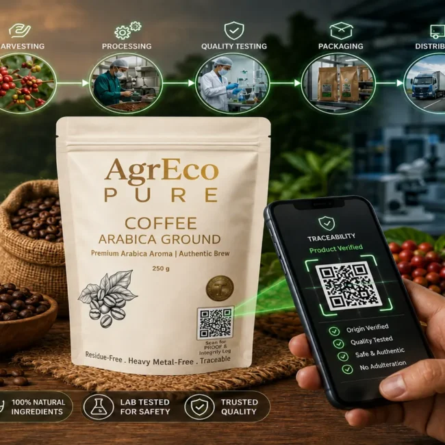 QR-Code enabled coffee traceability system showing AgrEco PUaRE Arabica Ground Coffee with product verification through a smartphone scan.