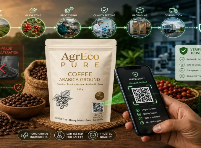 QR-Code enabled coffee traceability system showing AgrEco PUaRE Arabica Ground Coffee with product verification through a smartphone scan.