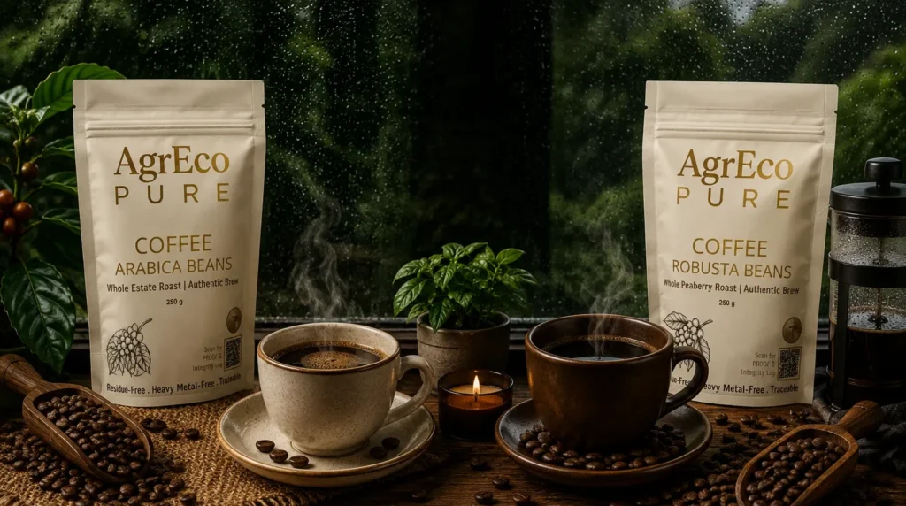 Arabica vs Robusta coffee beans with AgrEco Pure coffee bags, steaming coffee cups, coffee beans, and a rainy monsoon backdrop.
