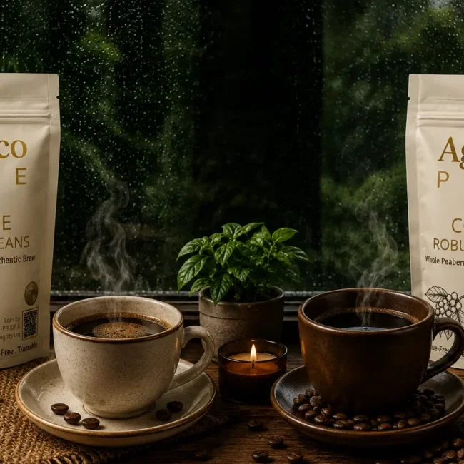 Arabica vs Robusta coffee beans with AgrEco Pure coffee bags, steaming coffee cups, coffee beans, and a rainy monsoon backdrop.