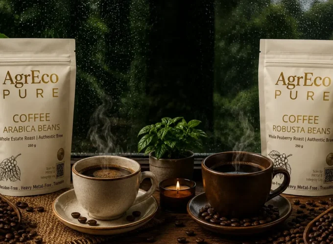 Arabica vs Robusta coffee beans with AgrEco Pure coffee bags, steaming coffee cups, coffee beans, and a rainy monsoon backdrop.