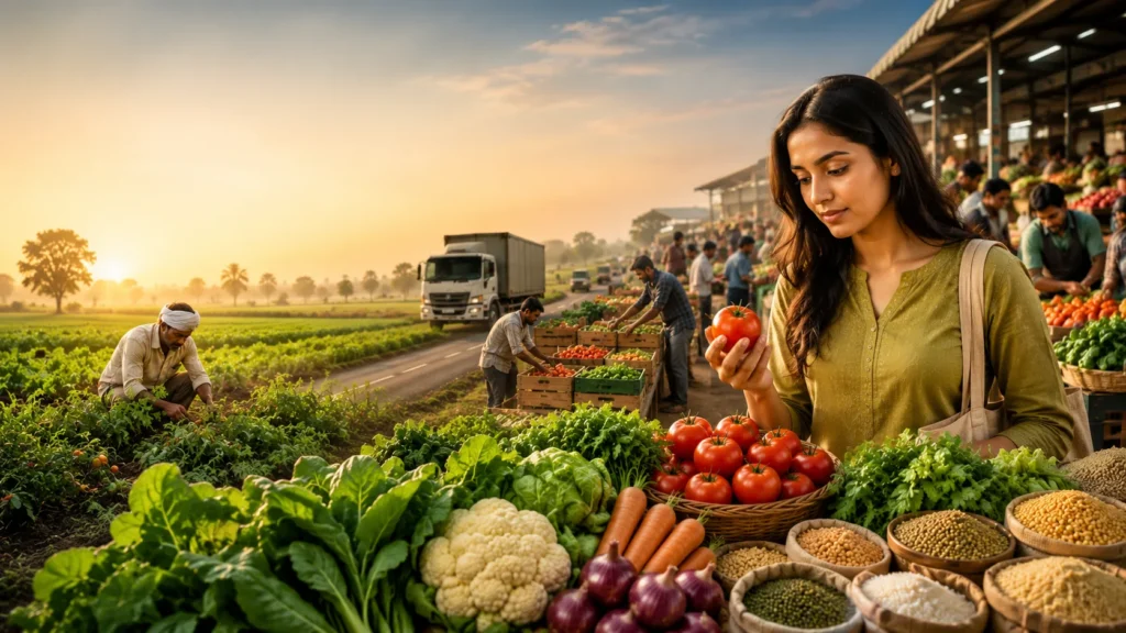 Indian Consumer examining fresh tomato as food travels from Indian farm to market