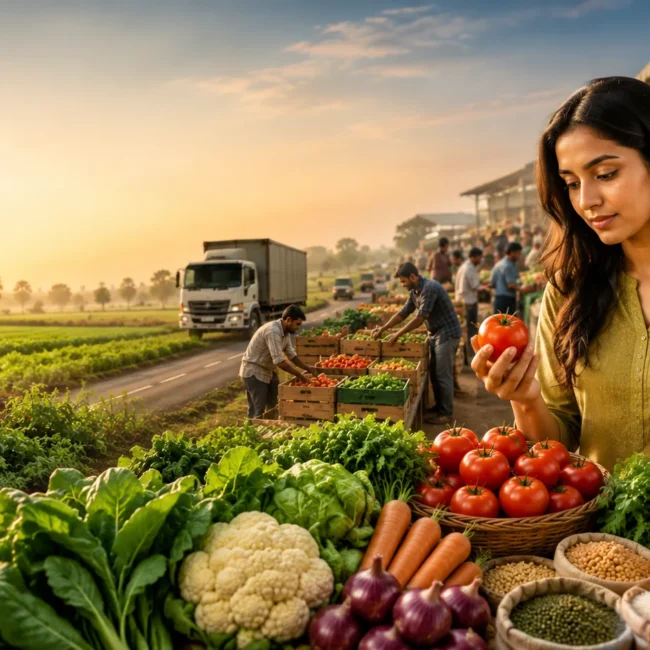 Indian Consumer examining fresh tomato as food travels from Indian farm to market