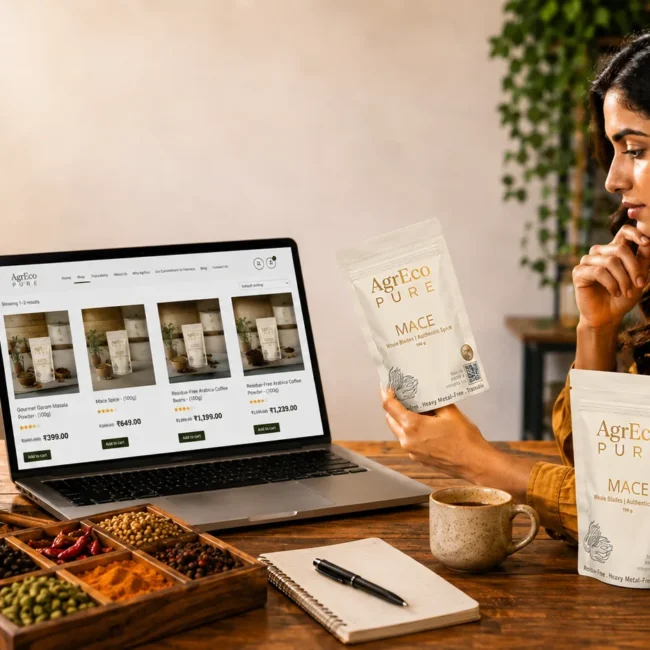 Buying coffee or spices online with AgrEco PURE products, including Arabica coffee beans and mace spice.