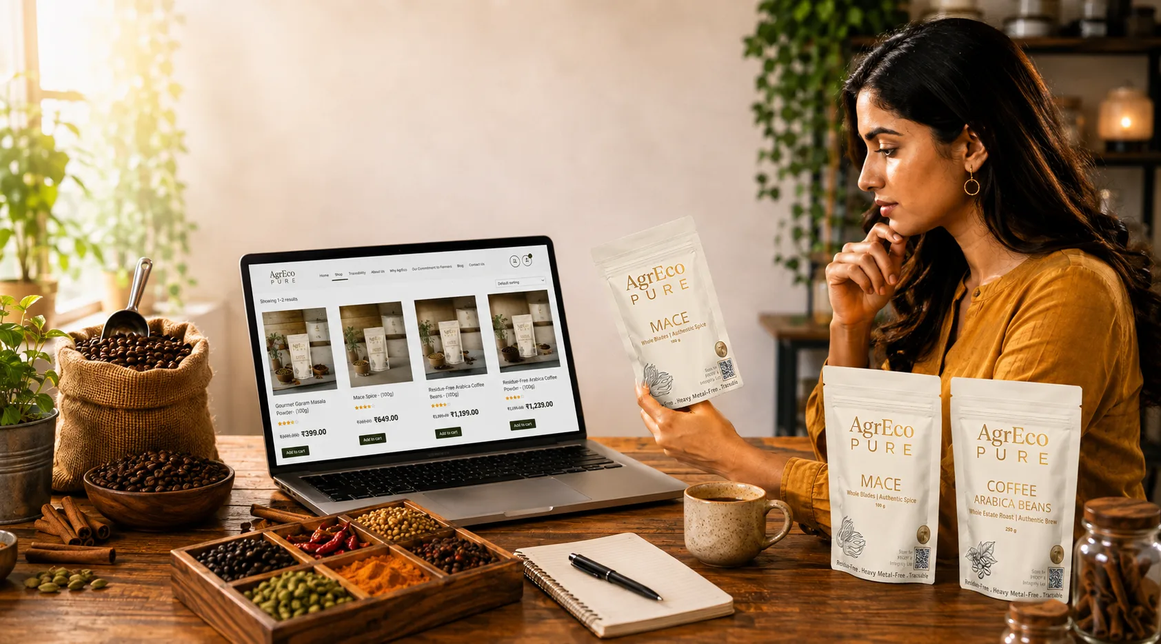 Buying coffee or spices online with AgrEco PURE products, including Arabica coffee beans and mace spice.