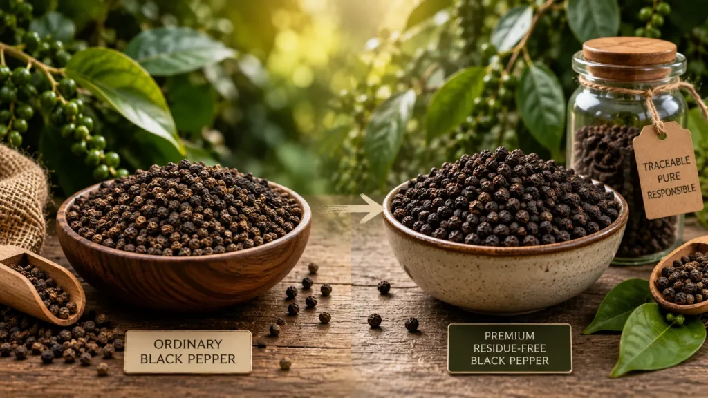 Premium residue-free black pepper compared with ordinary black pepper, showing quality and traceability differences.